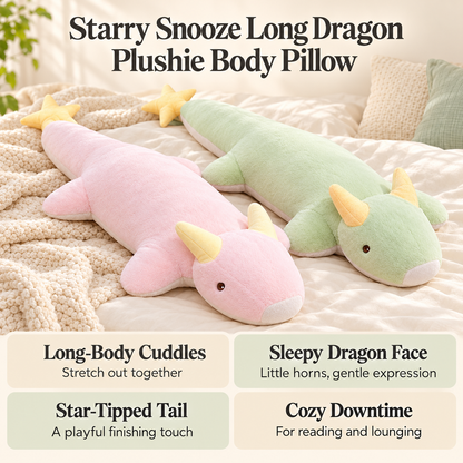 Starry Snooze long dragon plush body pillow benefits graphic with both colors and text about cuddles, sleepy face, star tail, and cozy downtime