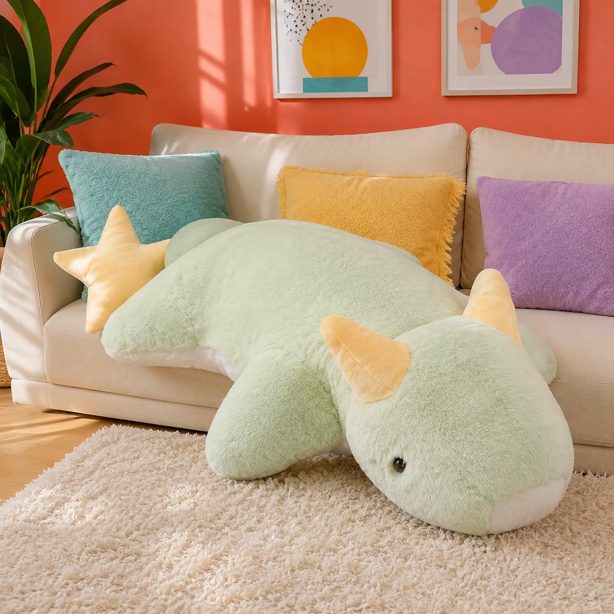 Mint green Starry Snooze long dragon plushie body pillow with golden horns and a star-shaped tail in a colorful living room