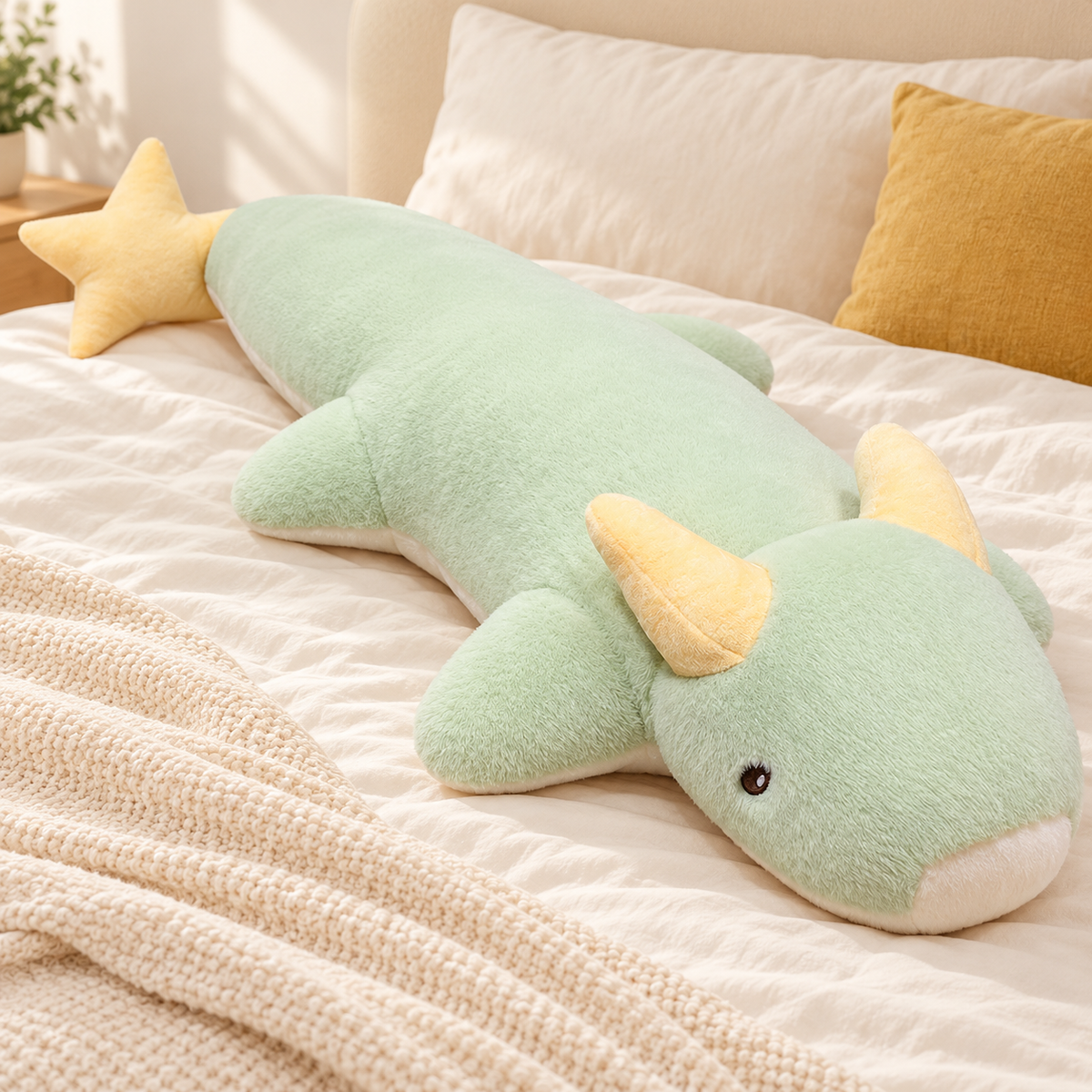 Mint Green Starry Snooze long dragon plush body pillow showing its full body, cream muzzle, yellow horns, and star tail on a bed