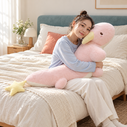 Adult seated on a bed cuddling the Blush Pink Starry Snooze long dragon plush body pillow