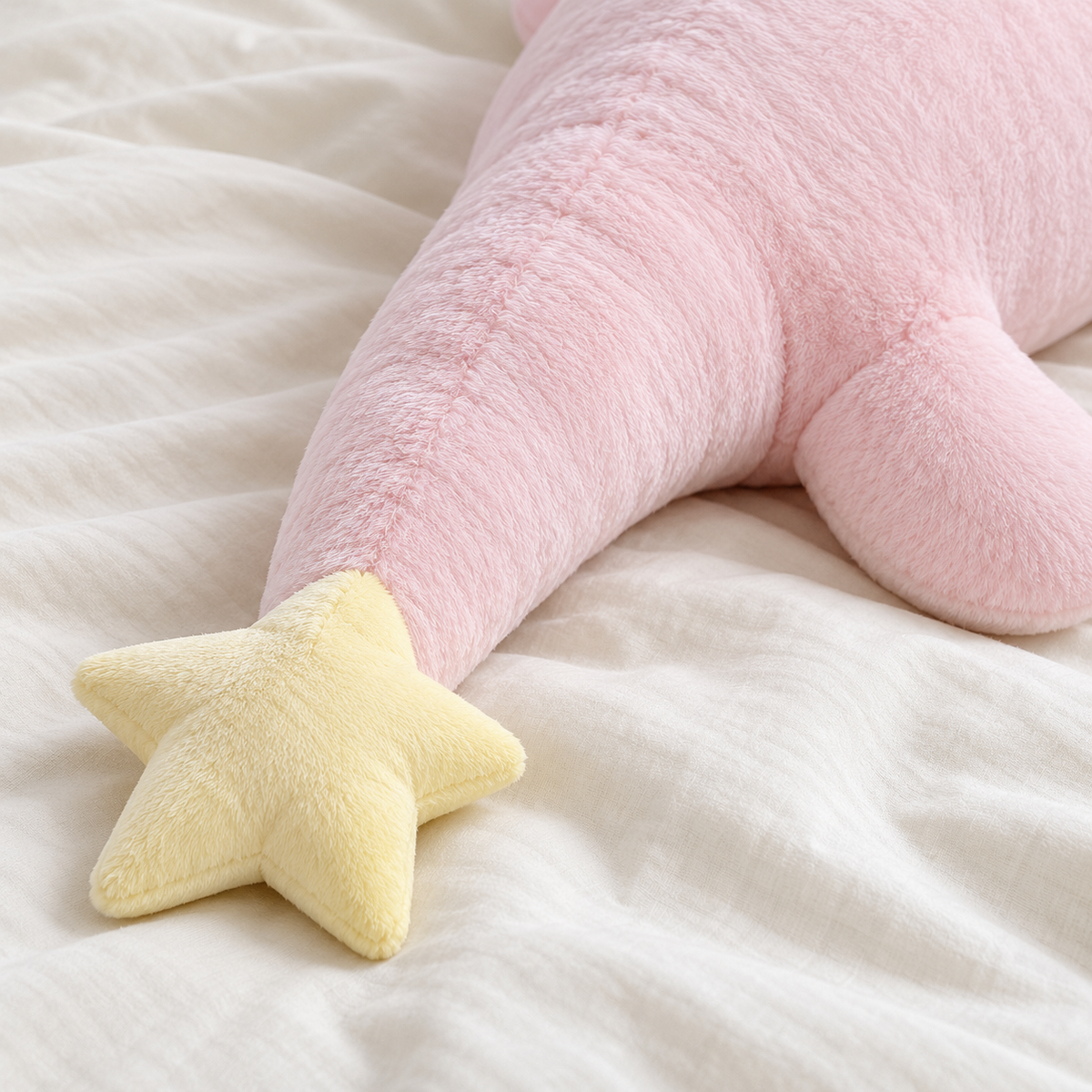Close view of the pale yellow five-point star sewn to the Blush Pink Starry Snooze dragon's tail