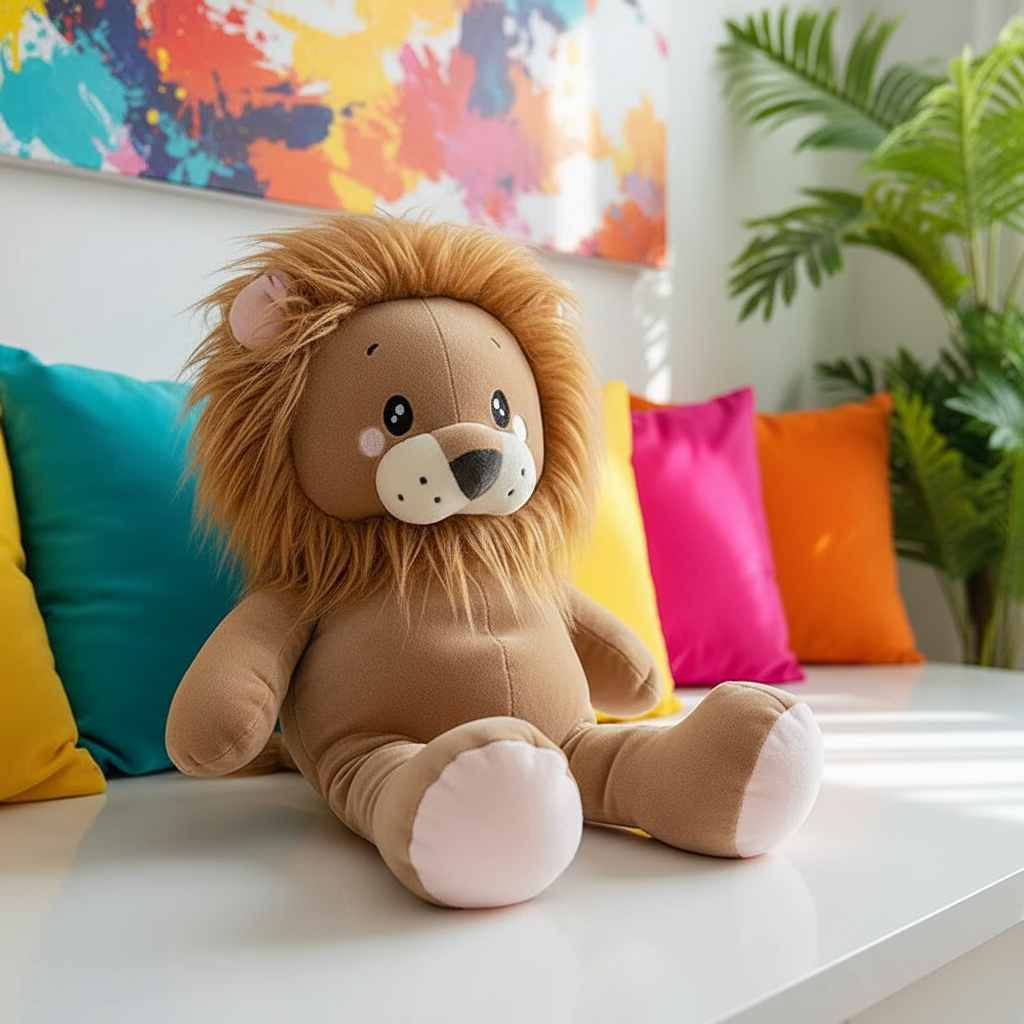 Plush lion toy on a table with colorful pillows and a vibrant painting in the background