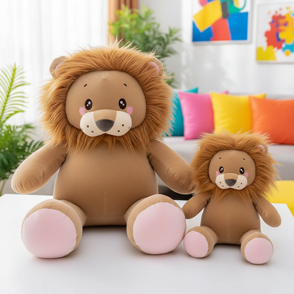 Two lion plush toys on a table with a colorful couch and plants in the background