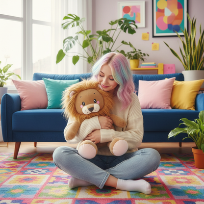 Woman holding a lion plush toy in a colorful living room