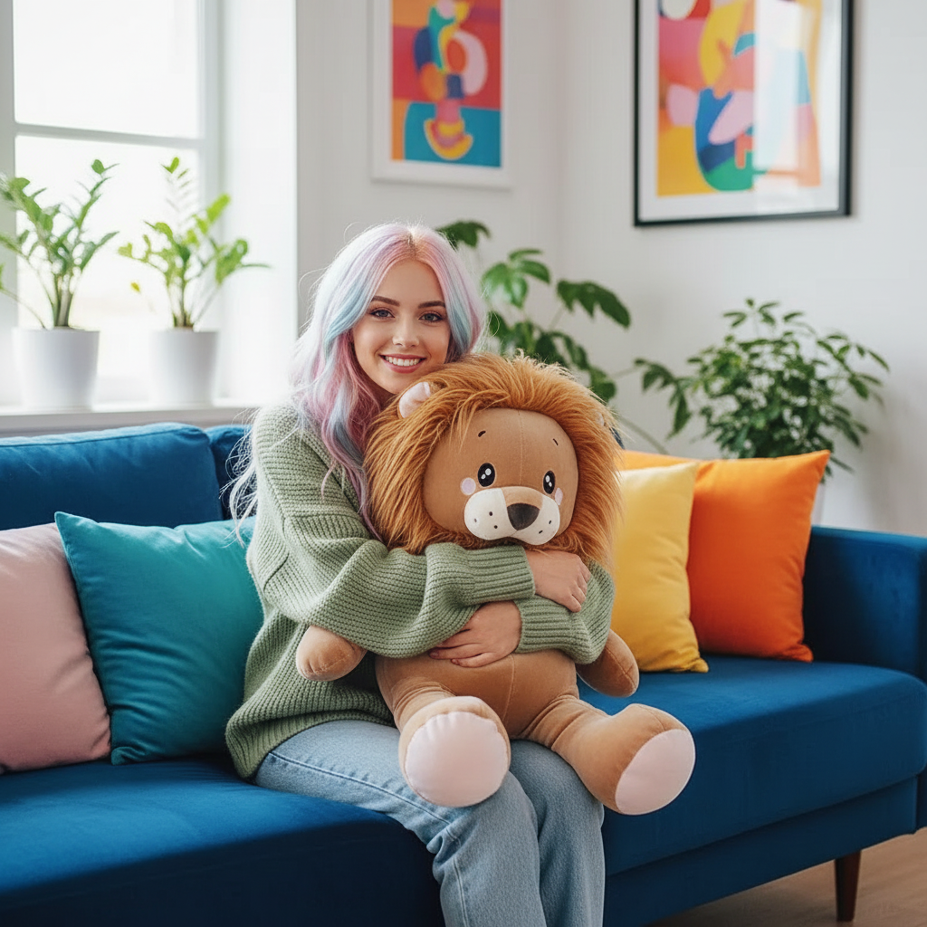 Person with colorful hair holding a lion plush toy on a blue couch with colorful pillows.