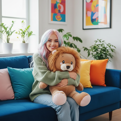Person with colorful hair holding a lion plush toy on a blue couch with colorful pillows.