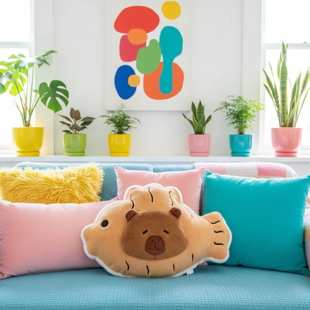 Colorful pillows on a couch with a decorative wall and plants in the background