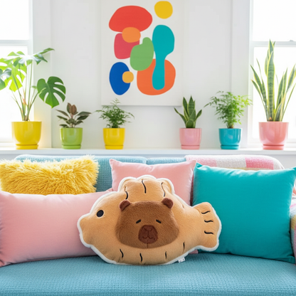 Colorful pillows on a couch with a decorative wall and plants in the background