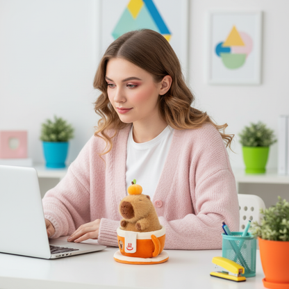 Woman working on a laptop with a capybara plush toy on a desk in a bright office setting.