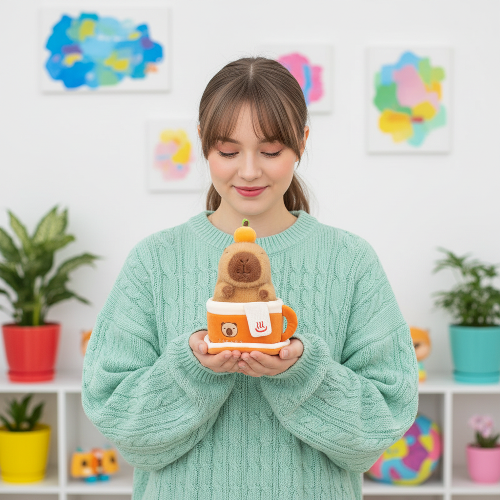 Woman holding a small, colorful toy resembling a capybara in an orange cup with a smiling expression.