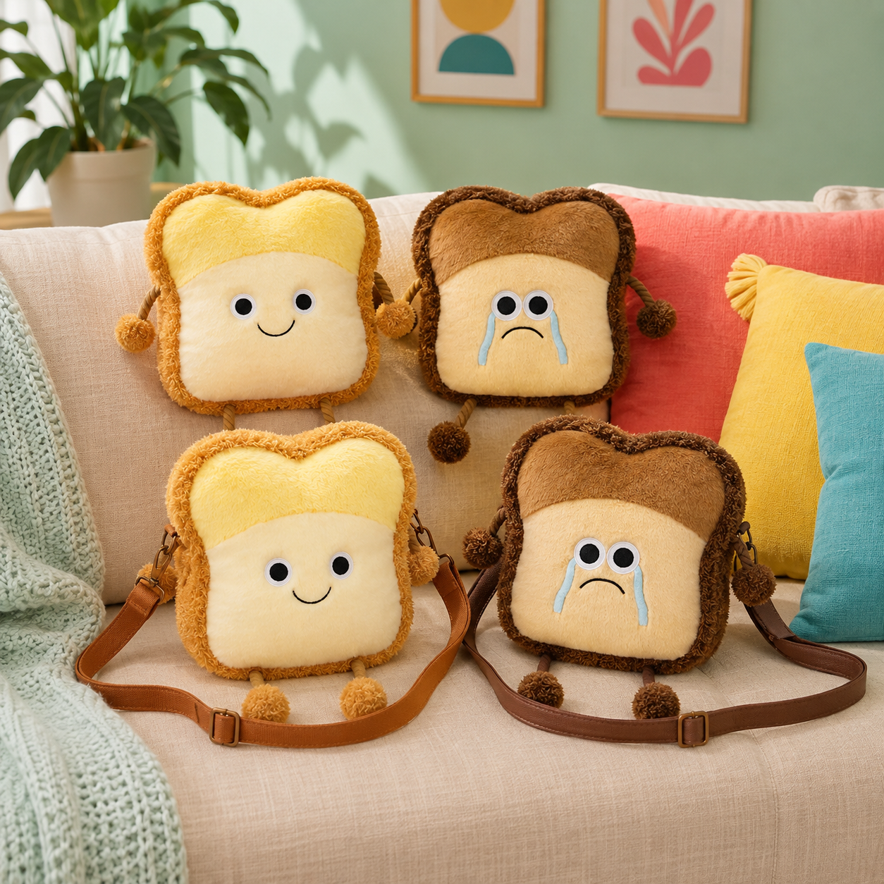 Toast Moods smiling and crying plush pillows and crossbody bags in a colorful living room