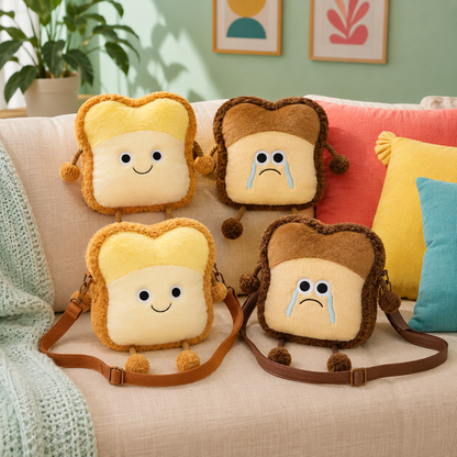 Toast Moods smiling and crying plush pillows and crossbody bags in a colorful living room