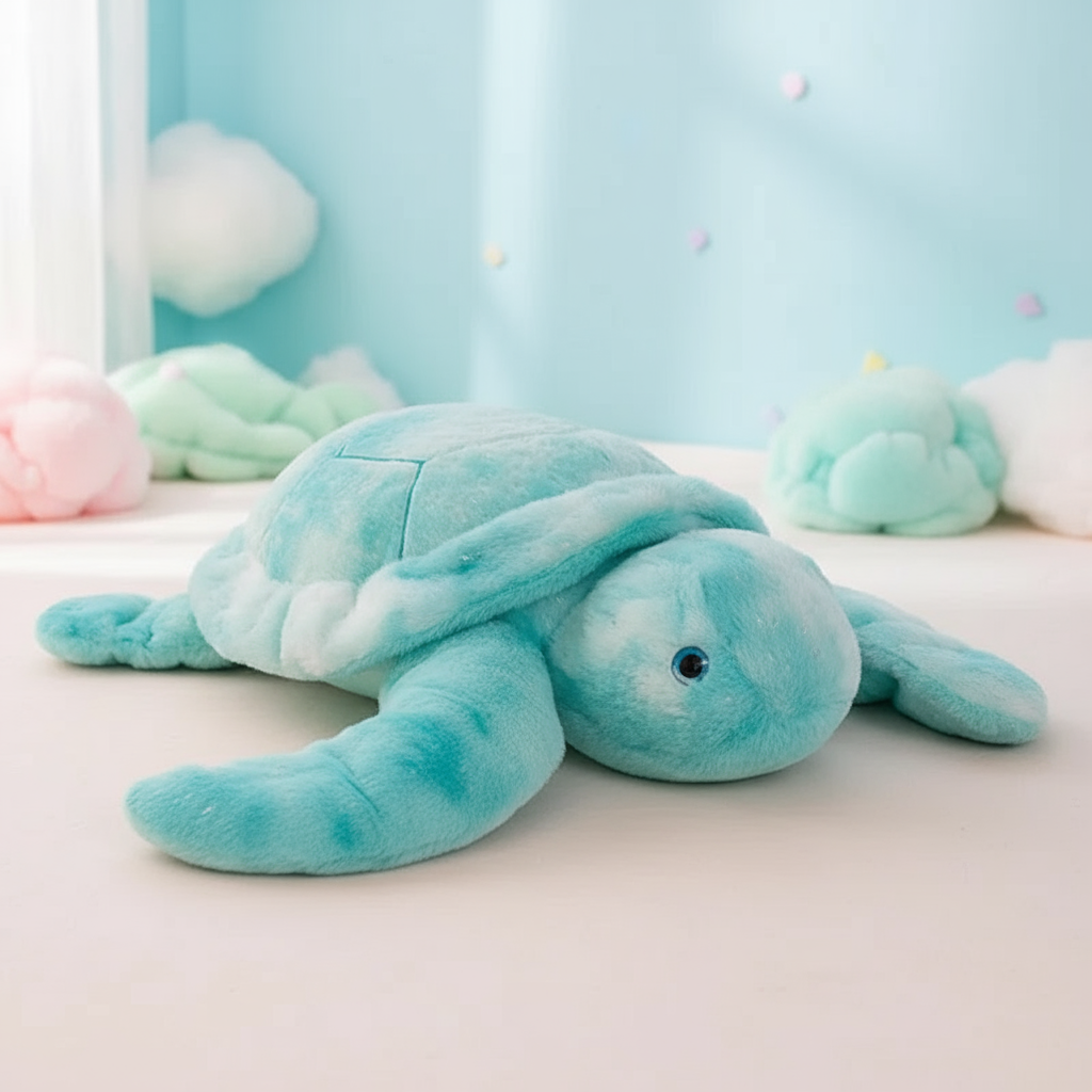 Plush turtle toy on a light surface with a soft, blurred background