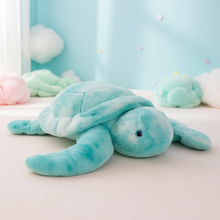 Plush turtle toy on a light surface with a soft, blurred background