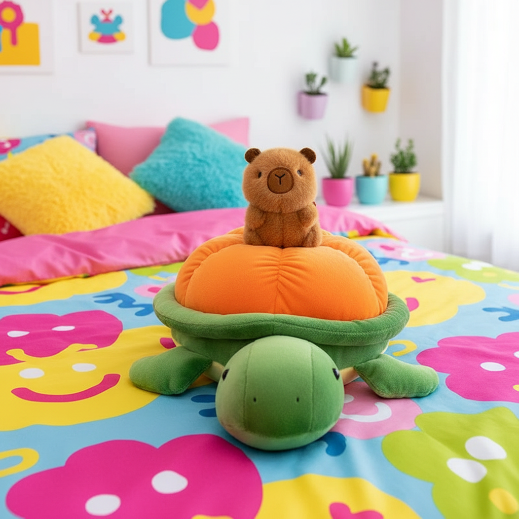 Colorful room with a capybara on a turtle-shaped plushie backpack