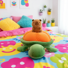 Colorful room with a capybara on a turtle-shaped plushie backpack