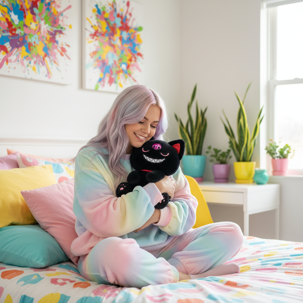 Person in a colorful onesie holding a cat plush toy in a room with plants and abstract art.