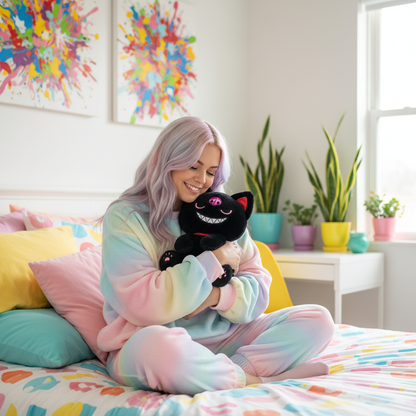 Person in a colorful onesie holding a cat plush toy in a room with plants and abstract art.