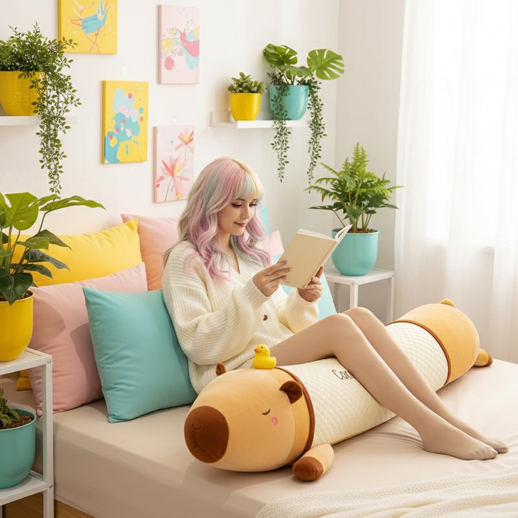 Woman with pastel hair reading a book on a bed with colorful cabybara body pillow and plants.