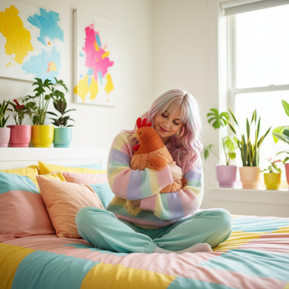 Woman in a colorful room holding a plush toy chicken, surrounded by plants.