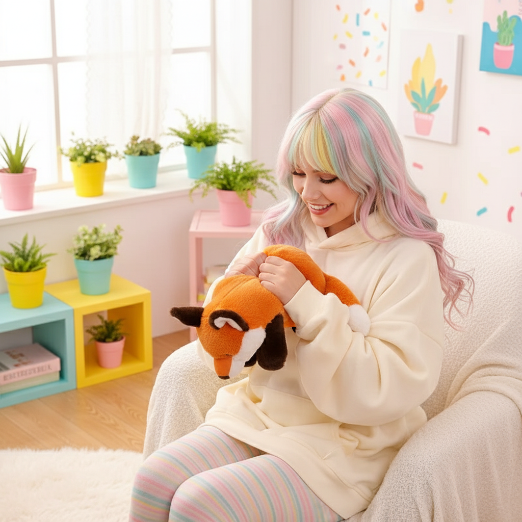 Woman holding a plush fox toy in a room with colorful decor and plants.