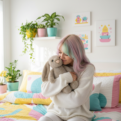 Woman with pastel hair holding a plush bunny in a colorful bedroom.