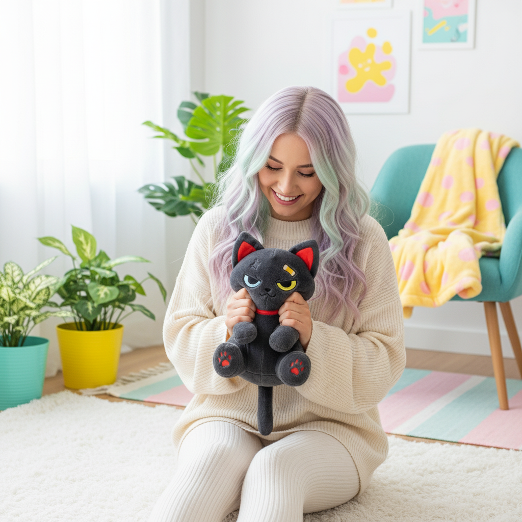 Woman holding a plush black cat in a cozy living room.