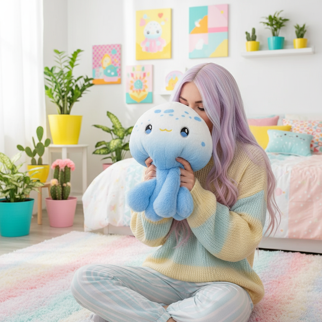Person holding a blue plush jellyfish toy in a room with colorful decor and plants.