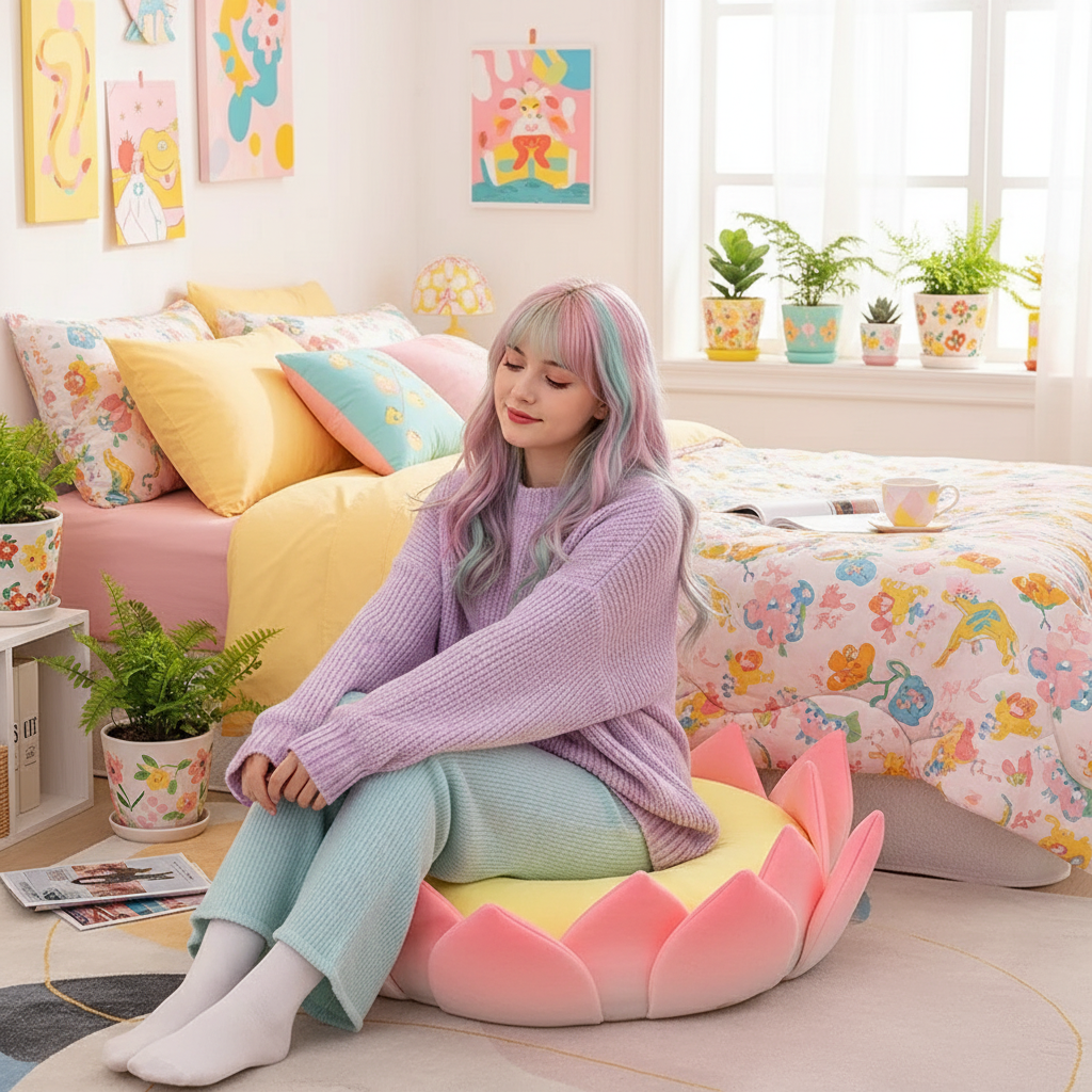 Person sitting on a pink lotus-shaped cushion in a colorful bedroom.