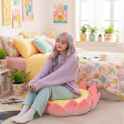 Person sitting on a pink lotus-shaped cushion in a colorful bedroom.