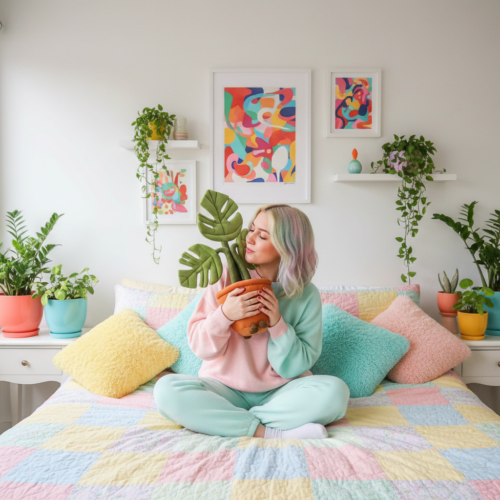 Woman sitting on a bed holding a plush toy plant in a colorful bedroom with pastel bedding and decor.