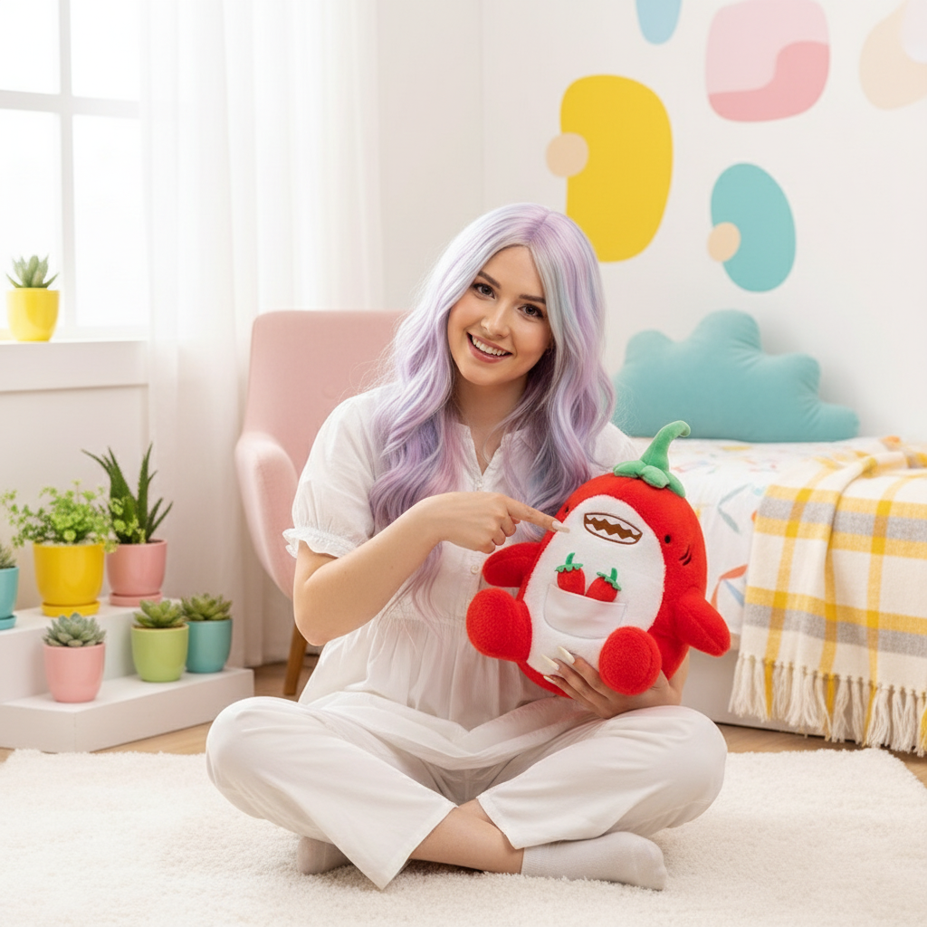 Woman holding a plush shark toy in a bright, colorful room