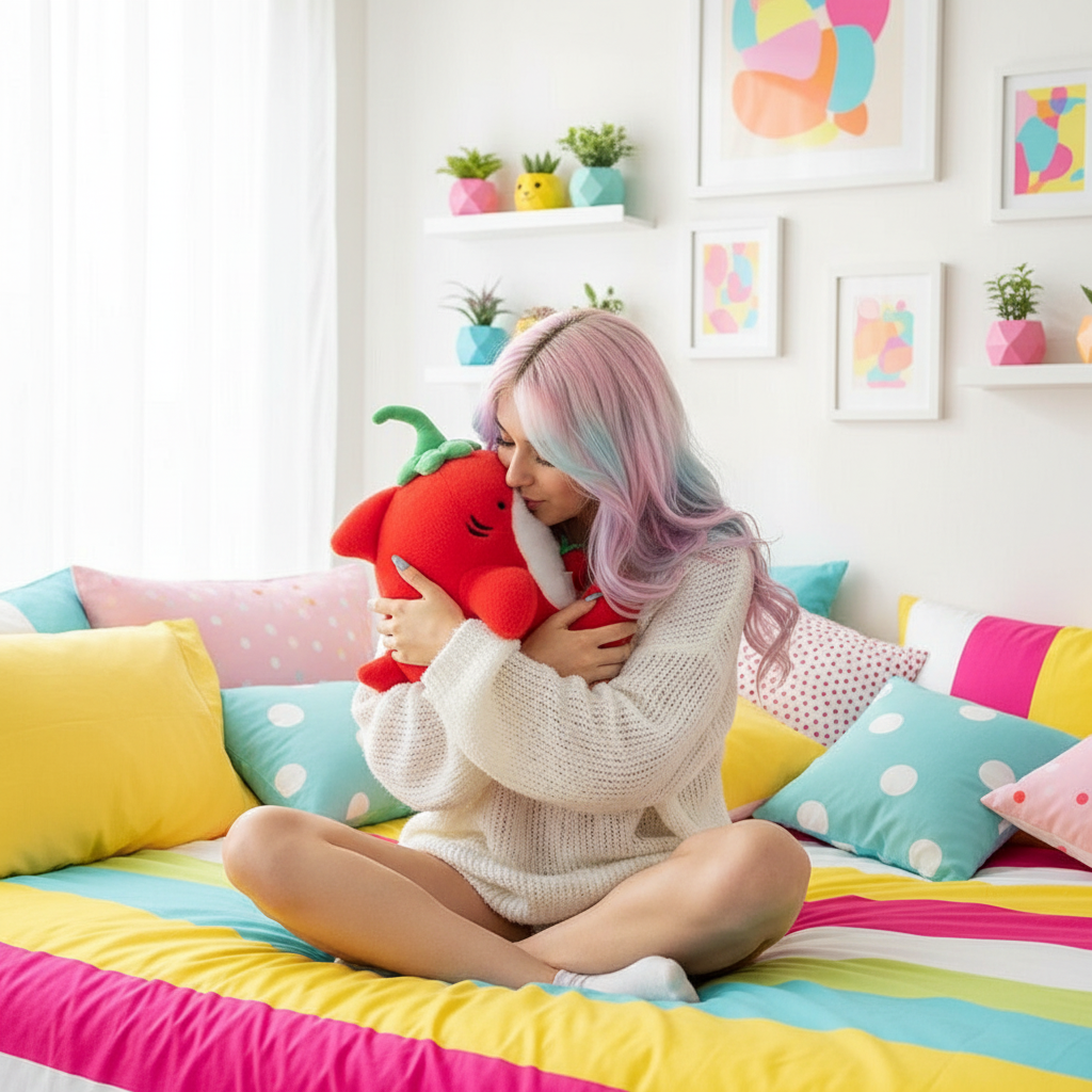 Person with pastel hair sitting on a colorful bed holding a red plush shark, surrounded by decorative pillows and plants.