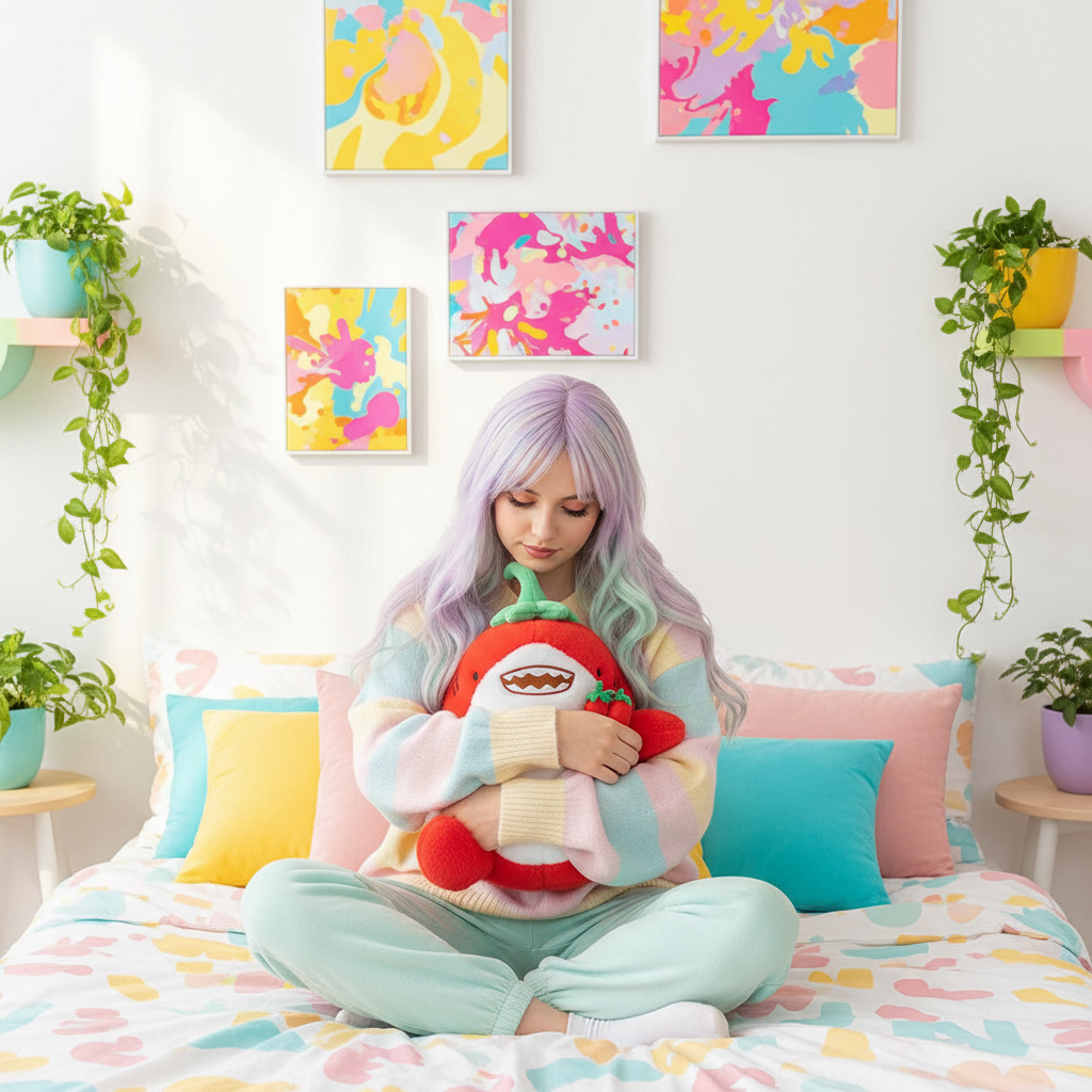 Woman sitting on a bed holding a colorful shark plush toy in a room with pastel decor and plant decorations.