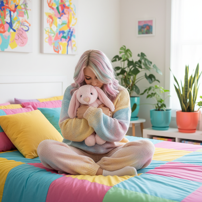 Woman sitting on a colorful bed holding a pink plush bunny in a room with plants and artwork.