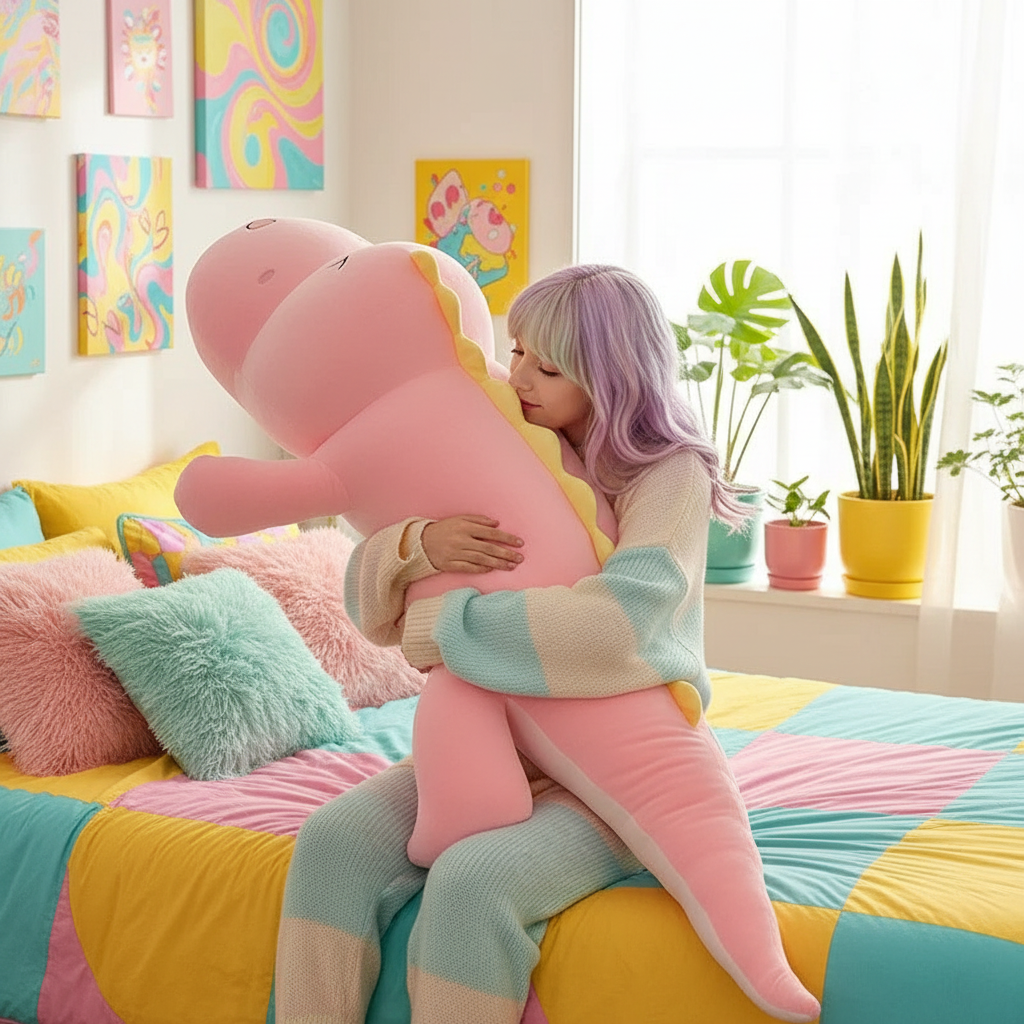 Person holding a large pink plush dinosaur toy in a colorful room with pastel decor and plants.