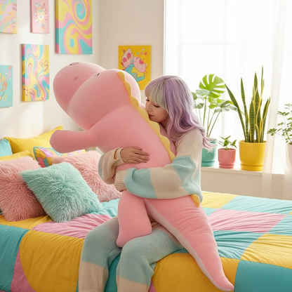 Person holding a large pink plush dinosaur toy in a colorful room with pastel decor and plants.
