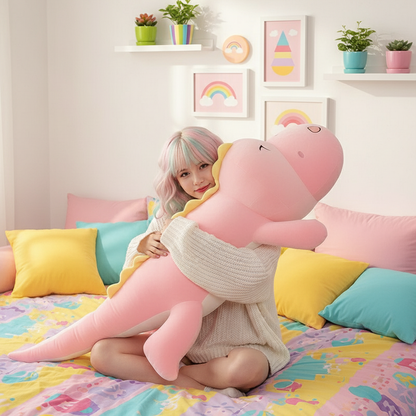 Person sitting on a bed with a large pink dinosaur plush toy, surrounded by colorful pillows and decor.