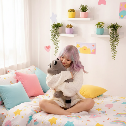 Person sitting on a bed holding a raccoon plush toy, surrounded by colorful pillows and plants in a bright room.