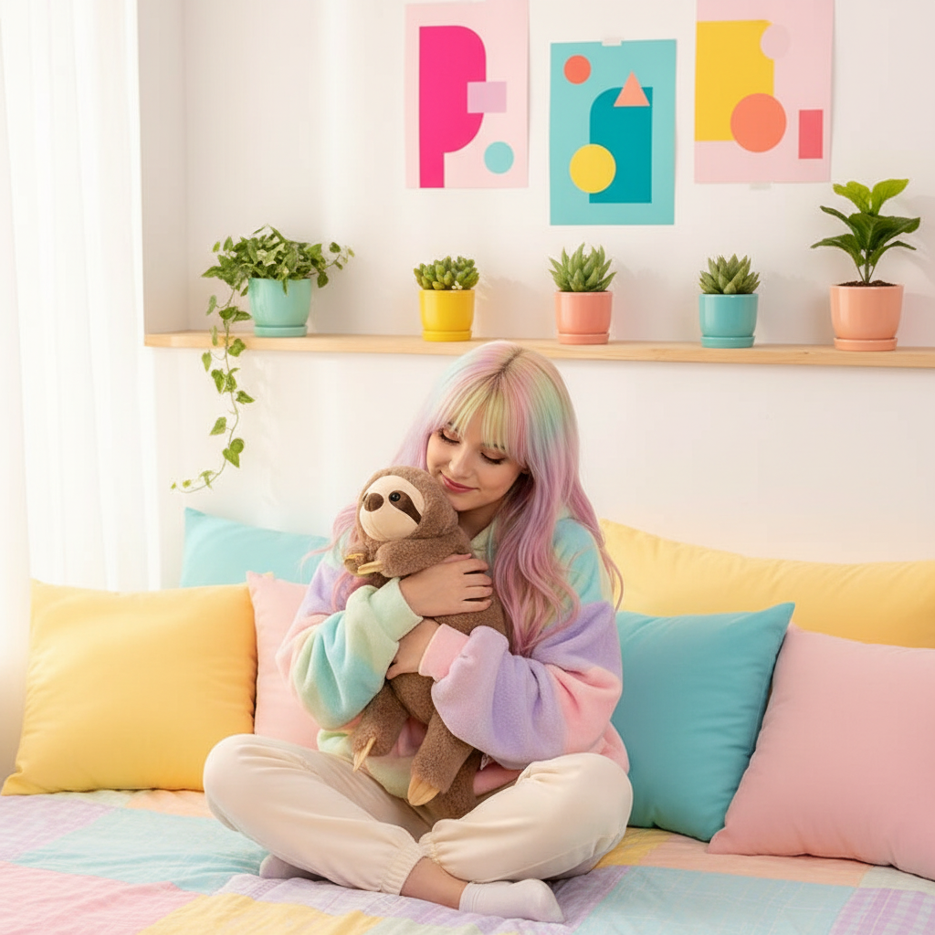 Person with pastel-colored hair sitting on a colorful couch holding a sloth plush toy, with a shelf of potted plants in the background.