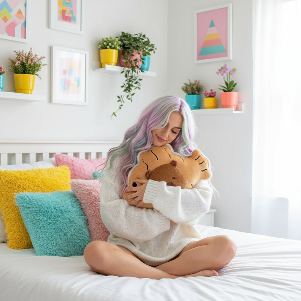 Woman with pastel hair sitting on a bed holding plush toys in a bright bedroom.
