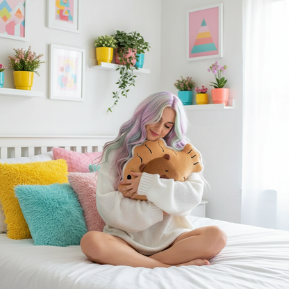 Woman with pastel hair sitting on a bed holding plush toys in a bright bedroom.