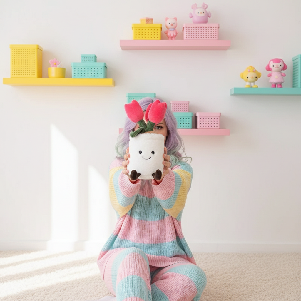 Person wearing a colorful striped onesie holding a plush toy tulip in a room with shelves and toys.