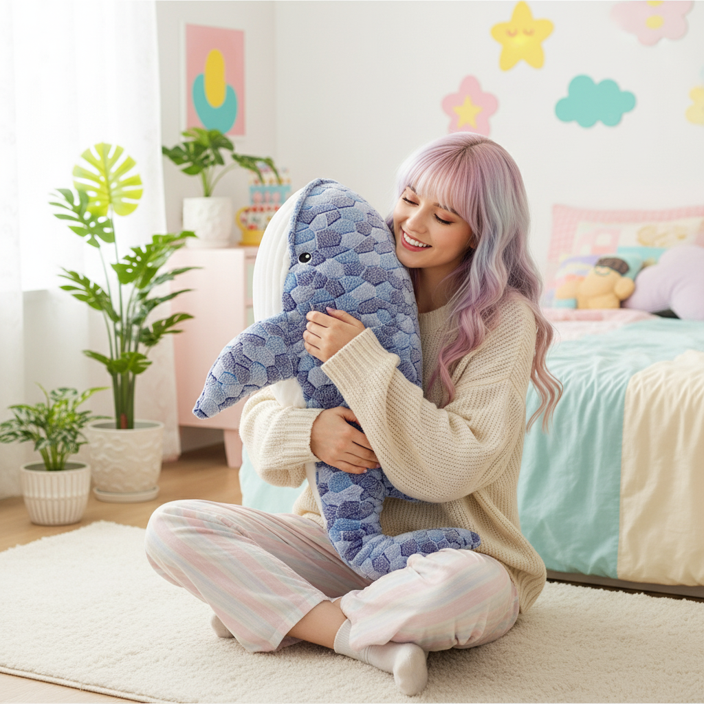Woman holding a blue plush shark toy in a cozy room with plants and colorful decor.