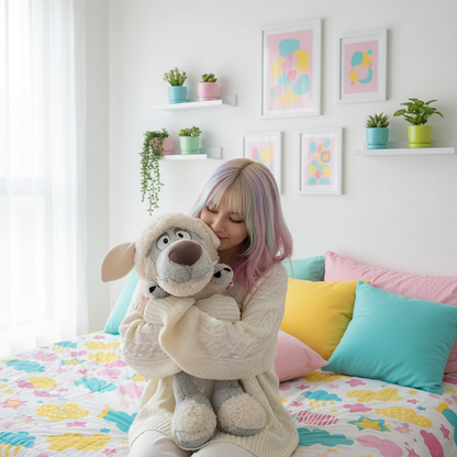 Woman with pastel hair hugging a large plush wolf toy in a bright bedroom with colorful bedding and decor.