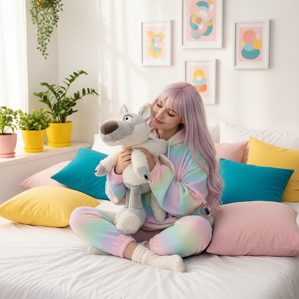 Woman in a colorful outfit holding a plush toy on a bed with decorative pillows and plants.