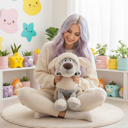 Woman holding a plush wolf toy in a room with colorful decorations and plants.