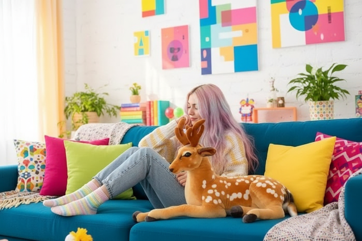 Woman sitting on a colorful couch with a stuffed deer toy, surrounded by vibrant decor.
