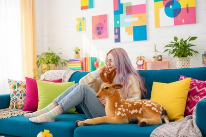 Woman sitting on a colorful couch with a stuffed deer toy, surrounded by vibrant decor.