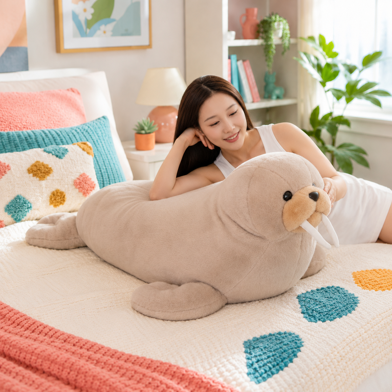 Largest Wally Wobbles walrus plushie stretched across a colorful bed beside a woman for scale.